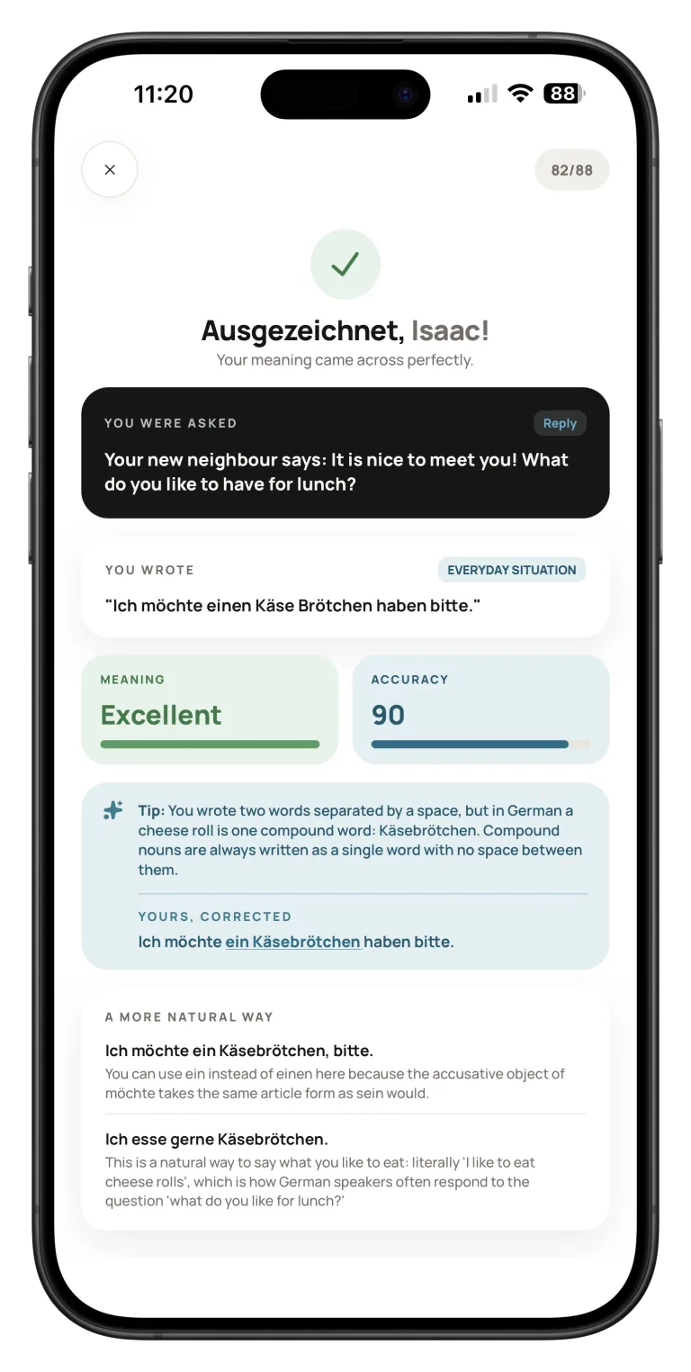 Detailed Landeni language feedback shown on a phone