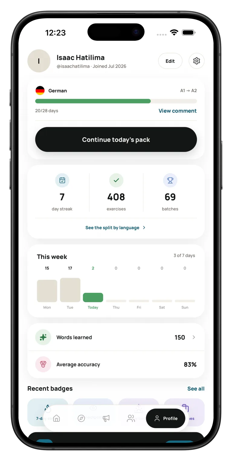 A Landeni learning profile shown on a phone