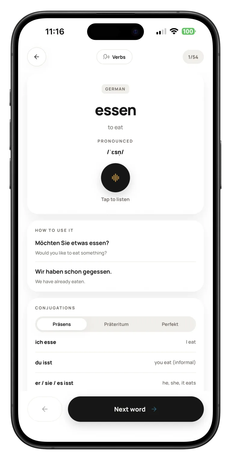 A Landeni vocabulary card shown on a phone